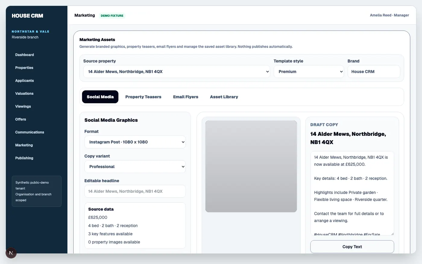 HouseCRM marketing studio using an approved synthetic property record