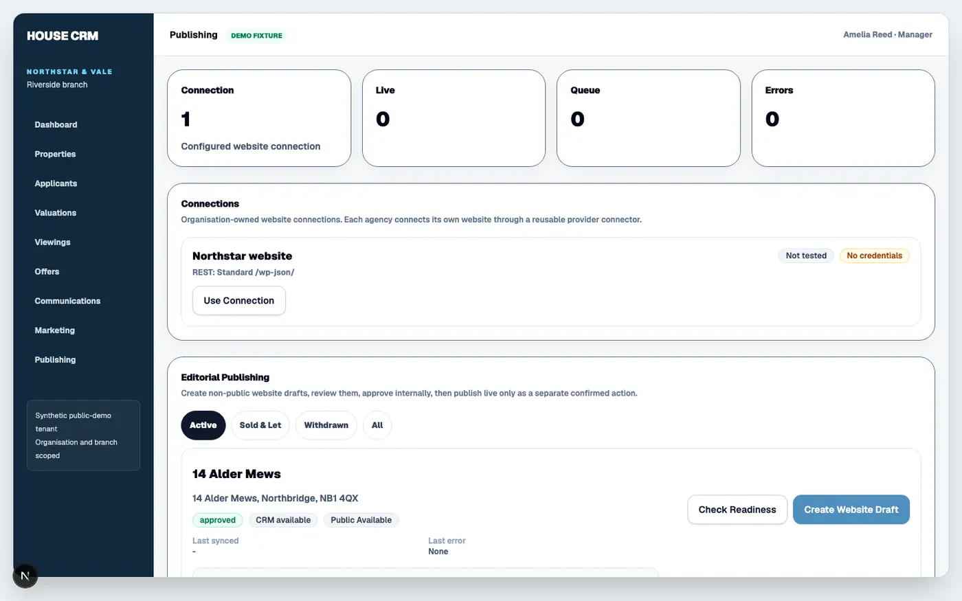 HouseCRM website publishing controls using the synthetic demo tenant